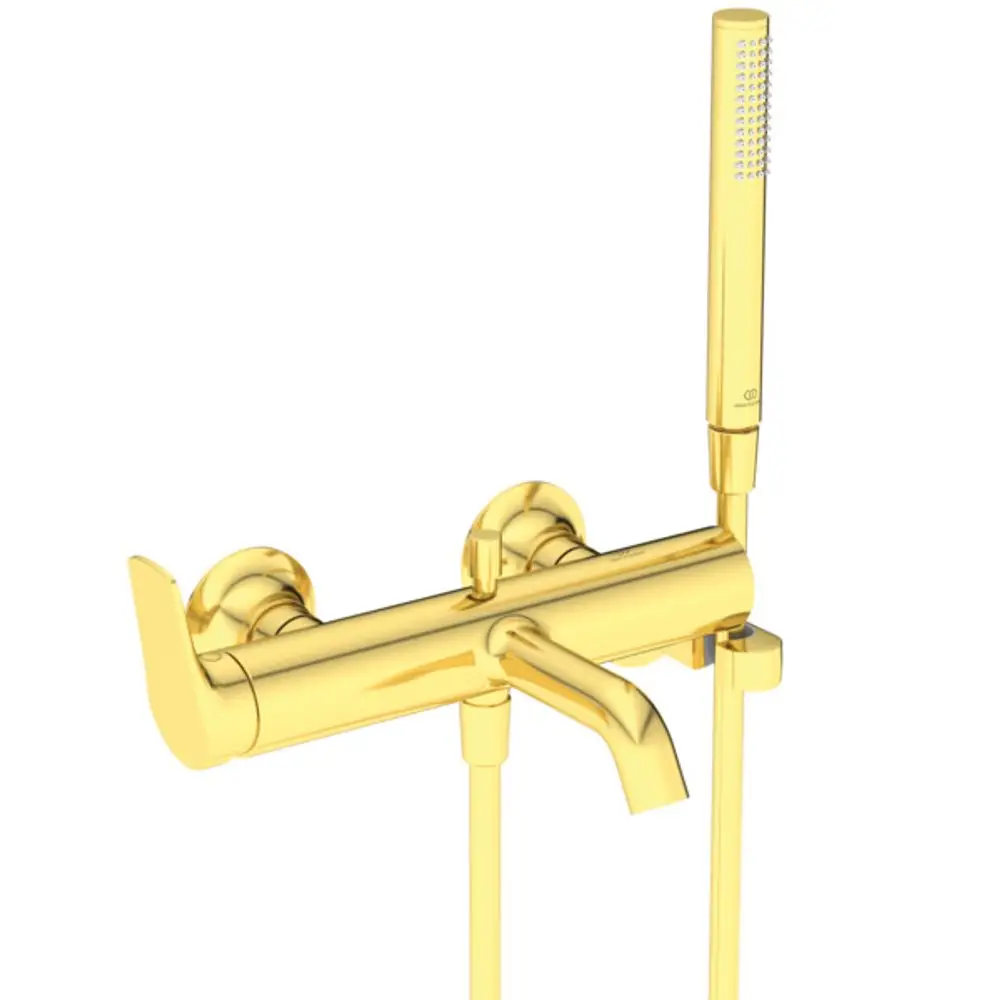 Wandmontierte Badarmatur in Gold mit separater Handbrause und Griffen, hergestellt von Ideal Standard. Design für Badezimmeranwendungen.
